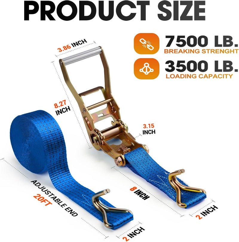 EVANCENT 2Pack Ratchet Straps Heavy Duty-2 Inch x 20 Feet(7,500lb Break Strength), Tie-Down Ratcheting with J-Hook Cargo Straps Tiedown Ratchet for Moving and Transports with Trailers, Pickup, Flatbed Trucks - Image 2